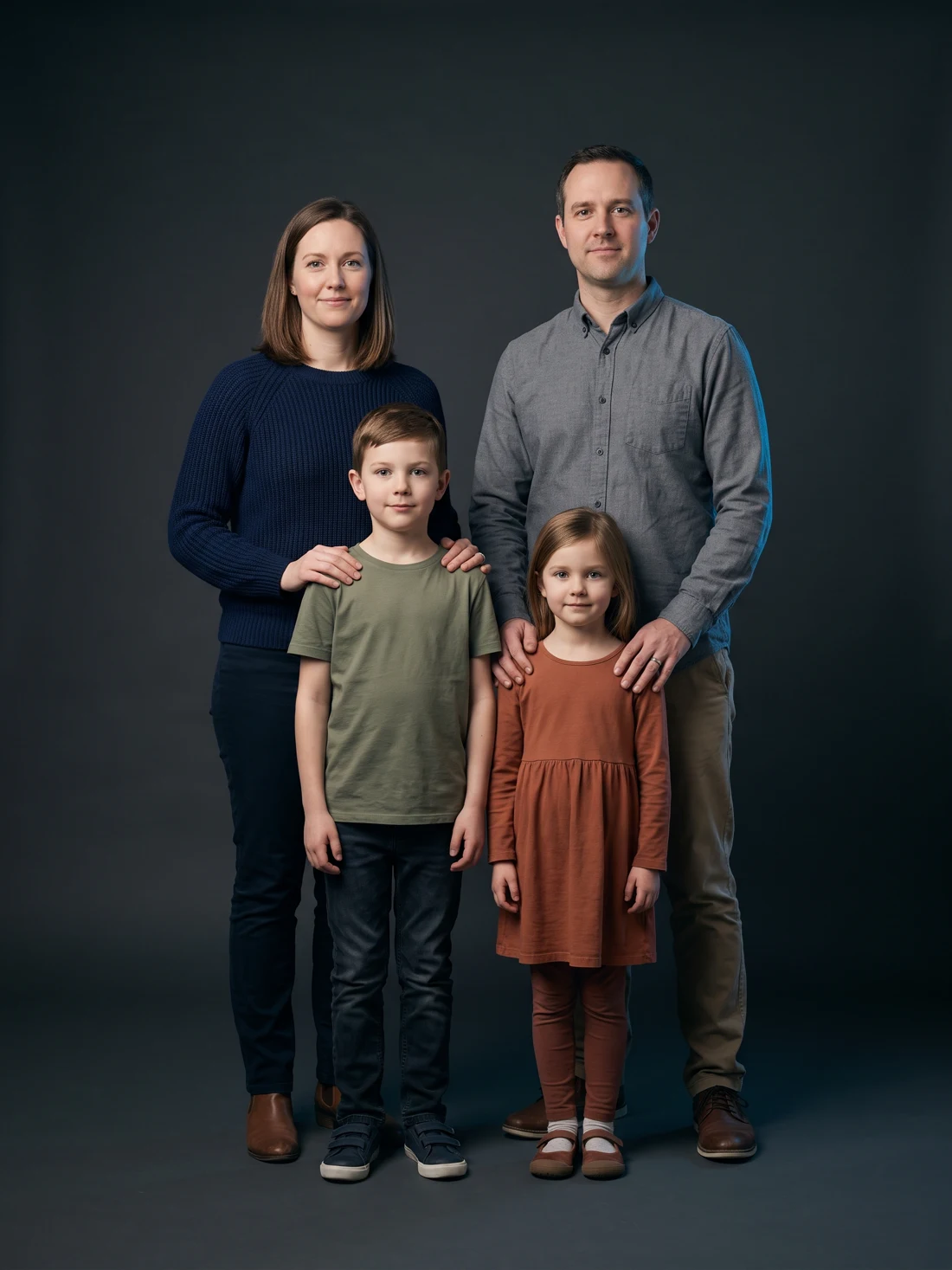 A family of four standing together