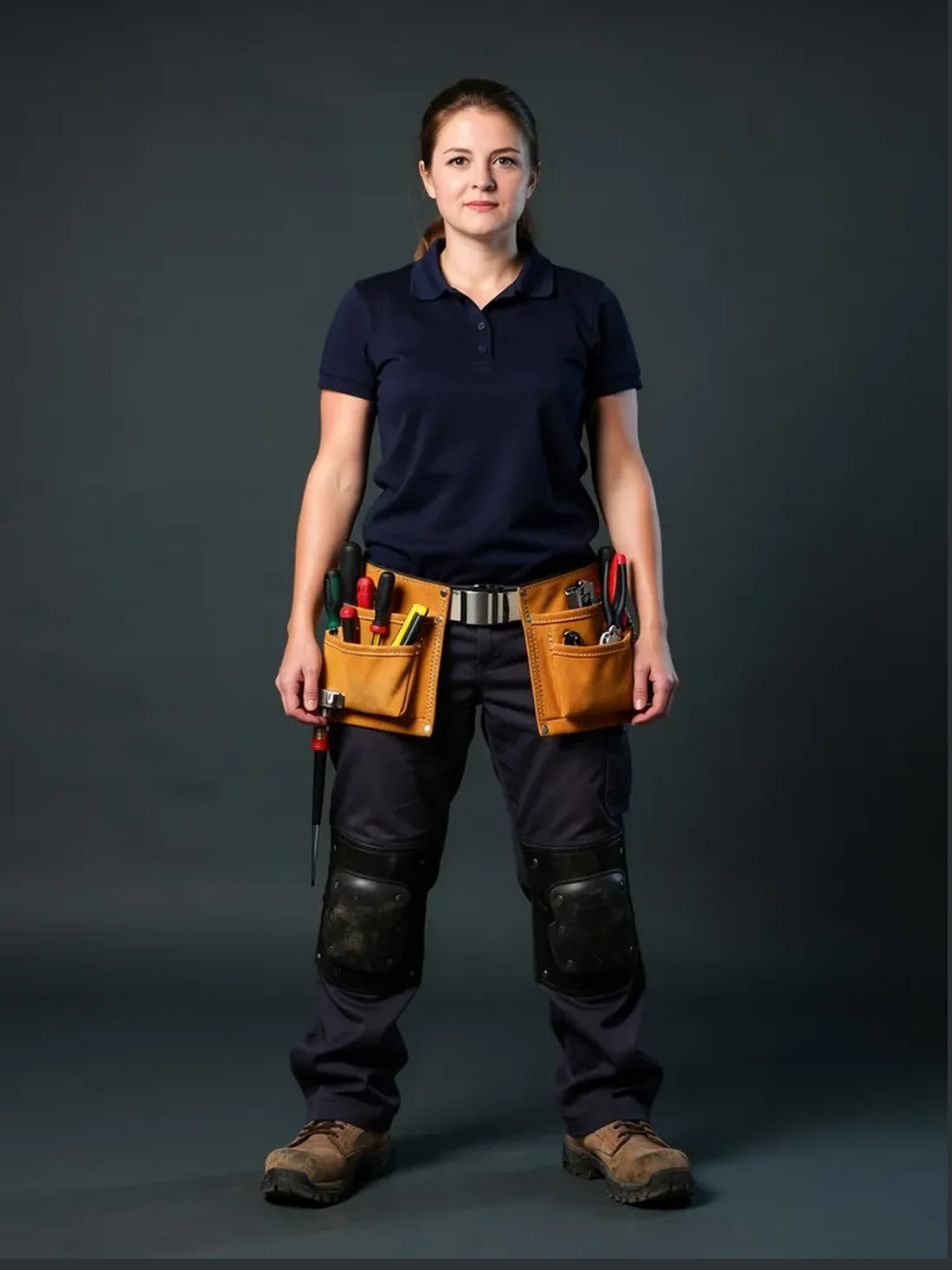 An electrician in workwear with a tool belt, standing