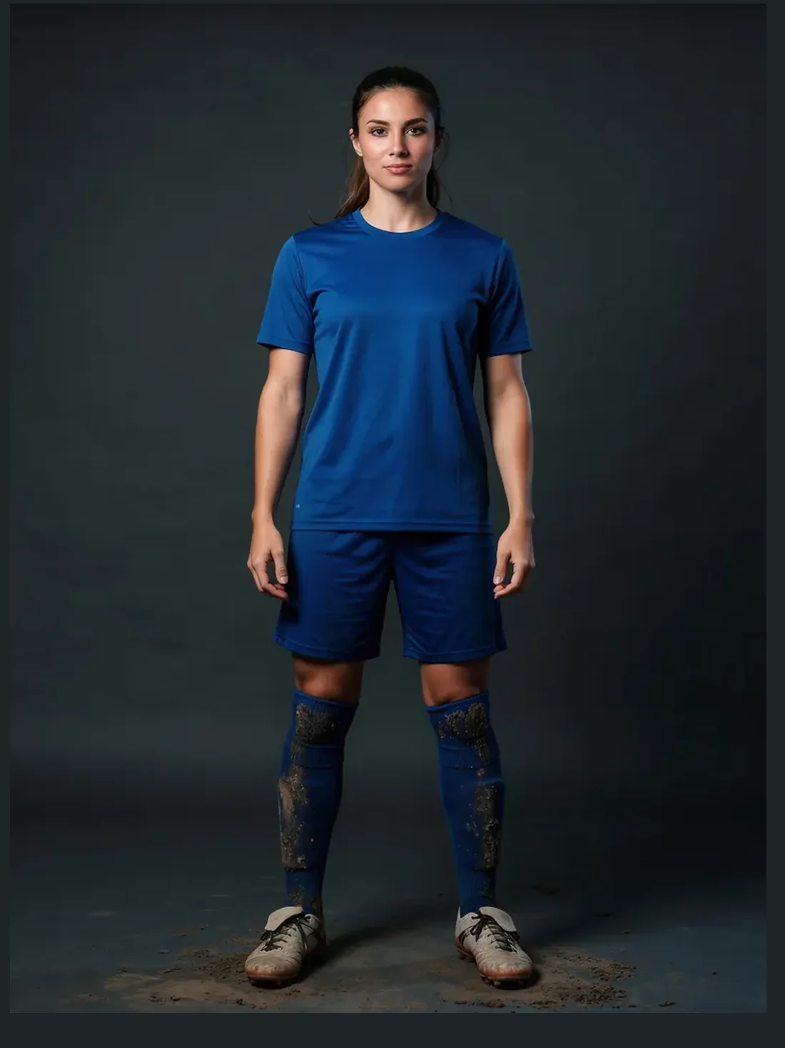 A footballer in muddy kit, standing