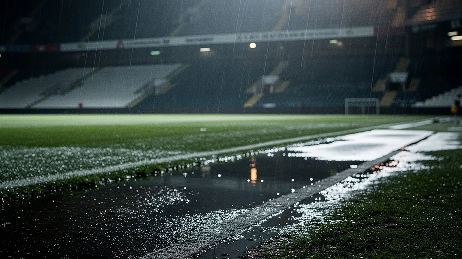 An empty floodlit pitch in the rain at night