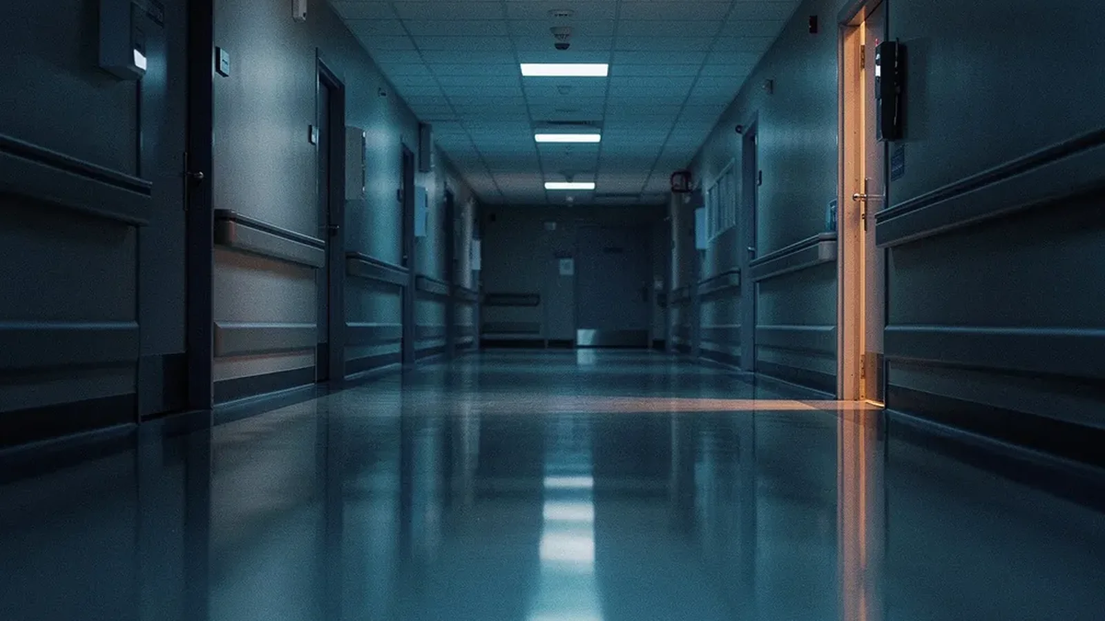 An empty hospital corridor at night, one door open