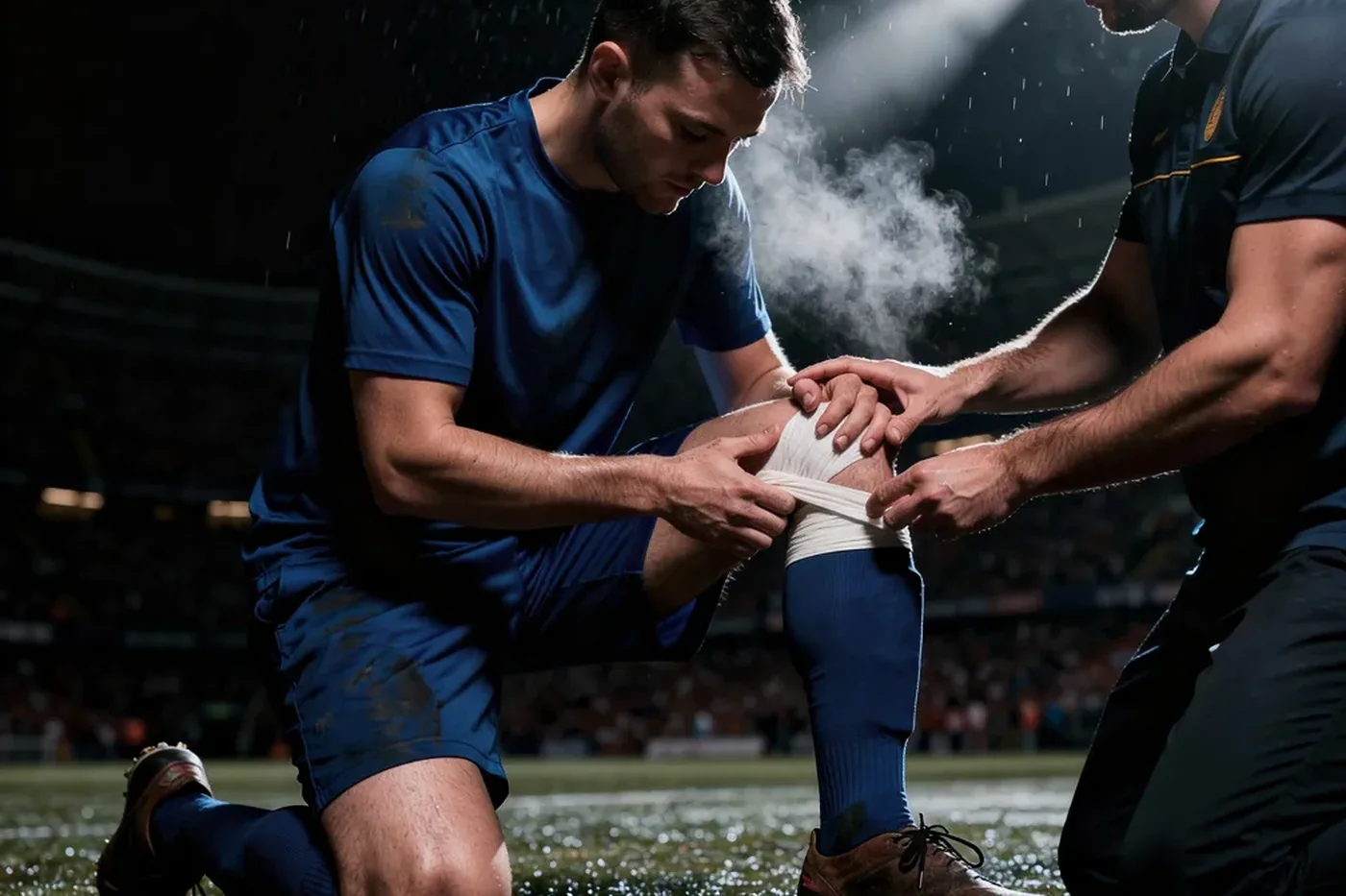 A physiotherapist strapping a footballer's knee on a wet floodlit pitch