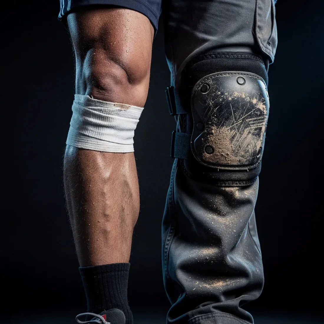 Two knees side by side: one taped for football, one in a dusty work knee pad